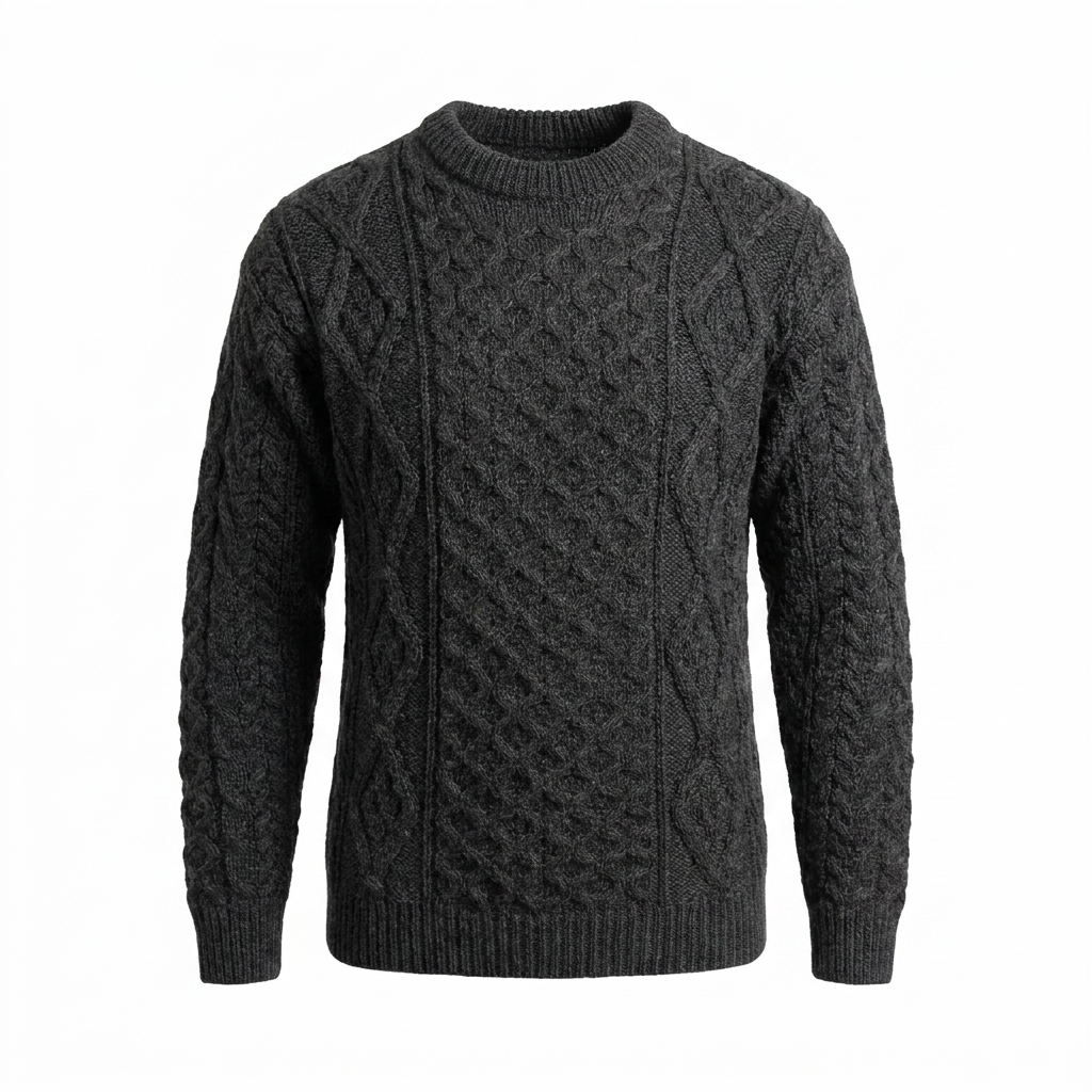 Unisex Grey 100% Wool Aran Cable Knit Crew Neck Jumper – Made in Ireland | Charcoal