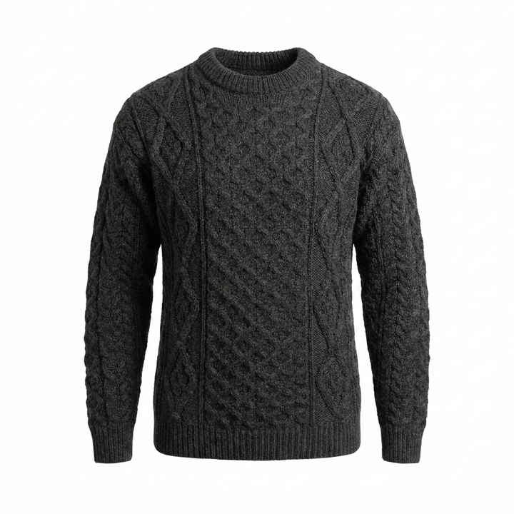 Unisex Grey 100% Wool Aran Cable Knit Crew Neck Jumper – Made in Ireland | Charcoal