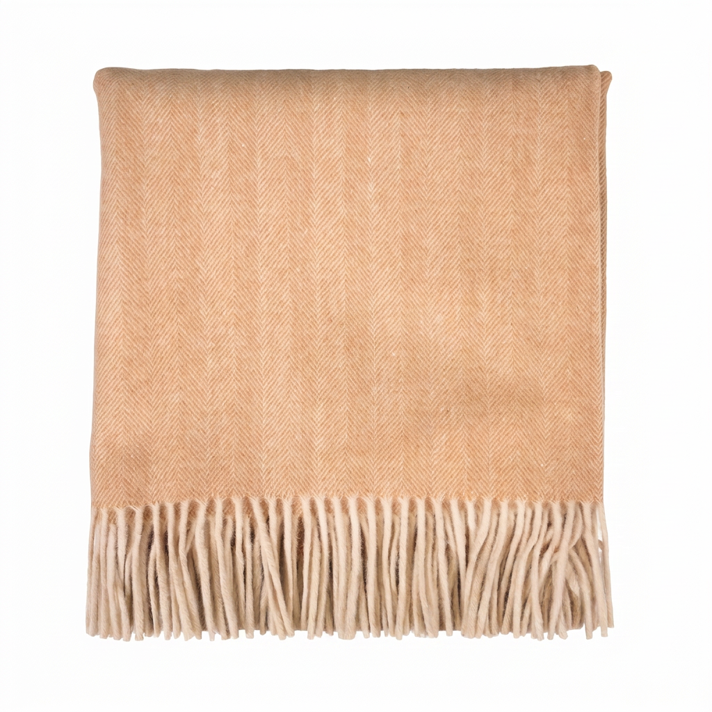 Highland Herringbone Wool Blend Throw Blanket with Tasselled Fringe - CINNAMON LATTE
