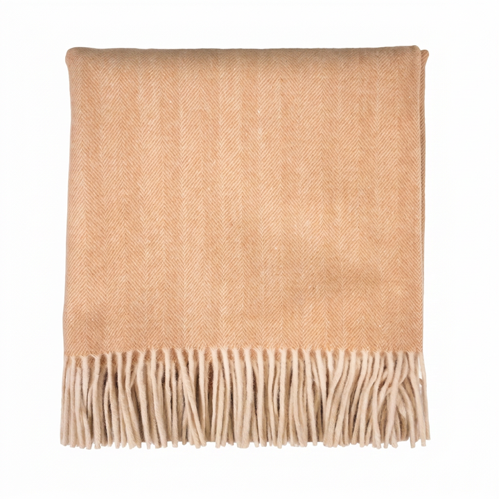 Highland Herringbone Wool Blend Throw Blanket with Tasselled Fringe - CINNAMON LATTE