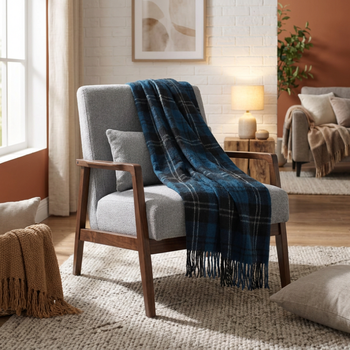 Highland Wool Blend Tartan Blanket Throw – Extra Warm Scottish Wool Blend – RAMSAY BLUE