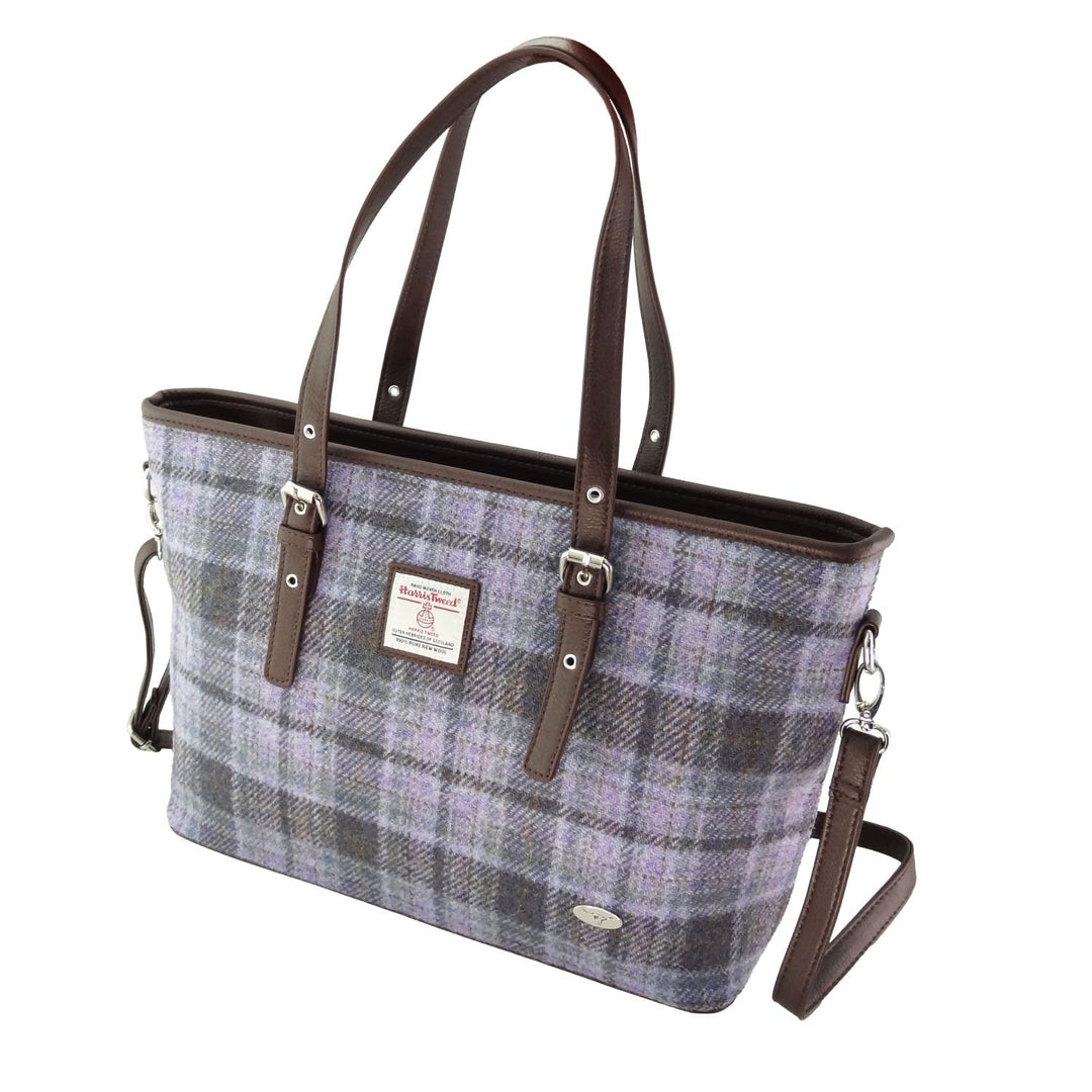 Harris Tweed Spey Tote Bag - Large Adjustable Shoulder Tote - Soft Purple Tartan(COL155)