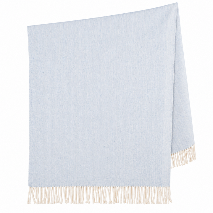 Recycled Wool Herringbone Knee Blanket – Pastel Fringed Throw - CORNFLOWER