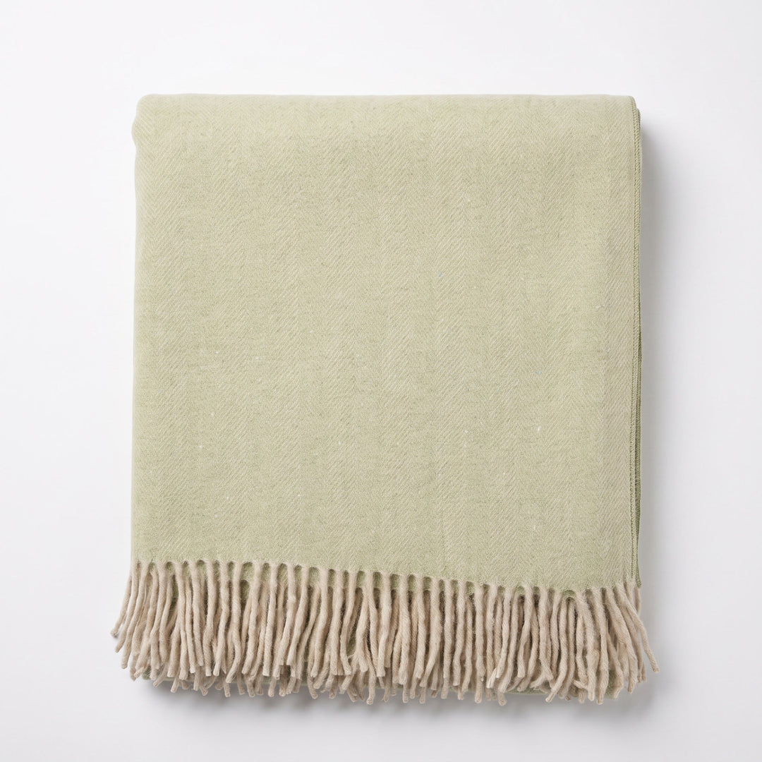 Highland Herringbone Wool Blend Throw Blanket with Tasselled Fringe - SAGE GREEN