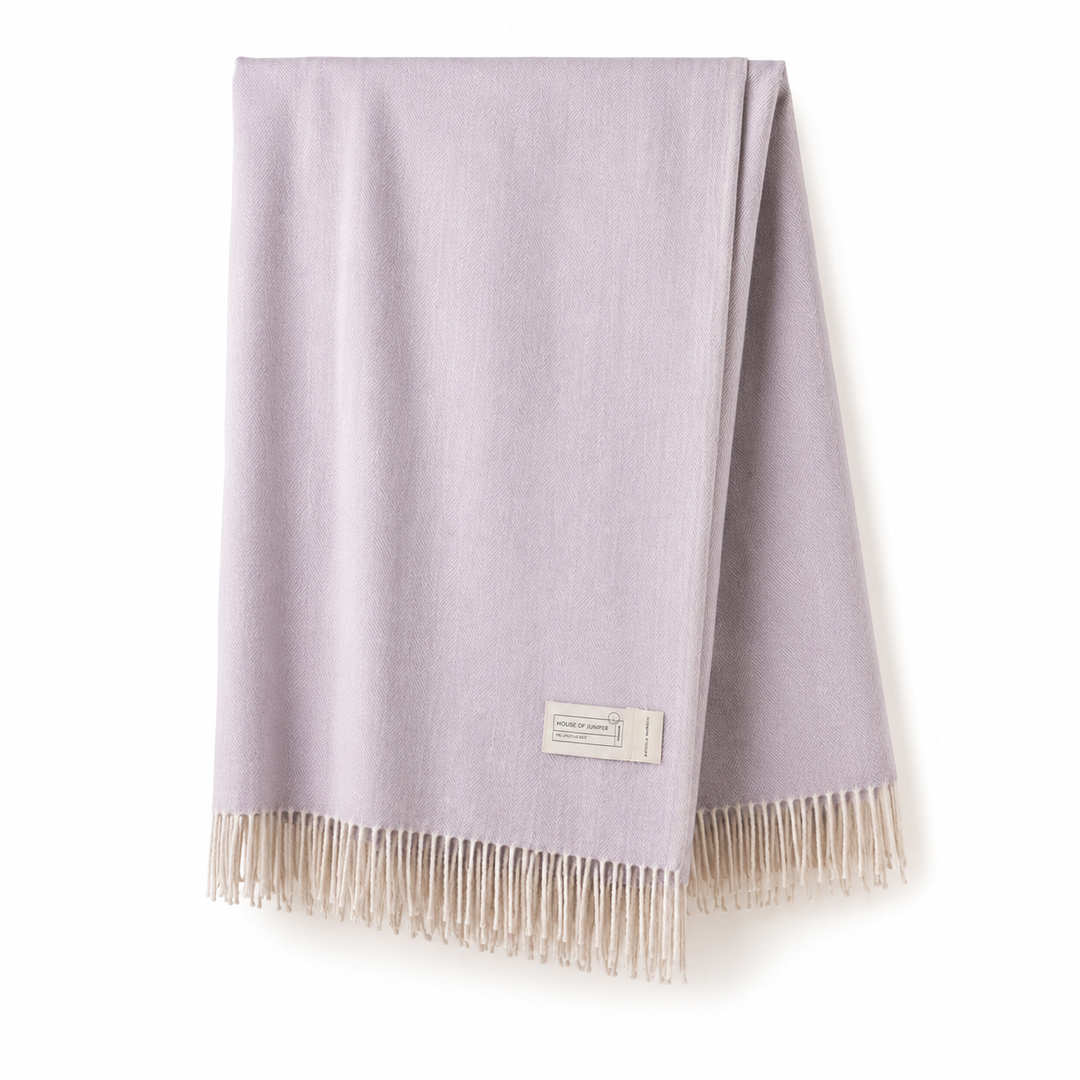 Recycled Wool Herringbone Blanket with Fringe - Soft Warm Throw - HEATHER
