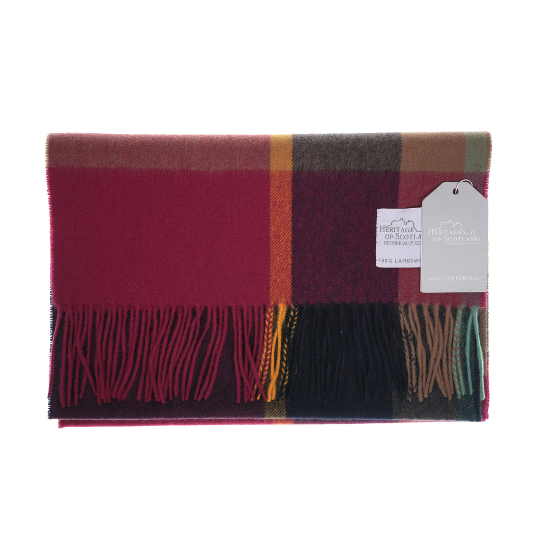 Heritage of Scotland 100% Lambswool Wide Scarf Soft Unisex Winter Wrap - Tartan &amp; Check Designs - KIRKSTALL CHECK WINE