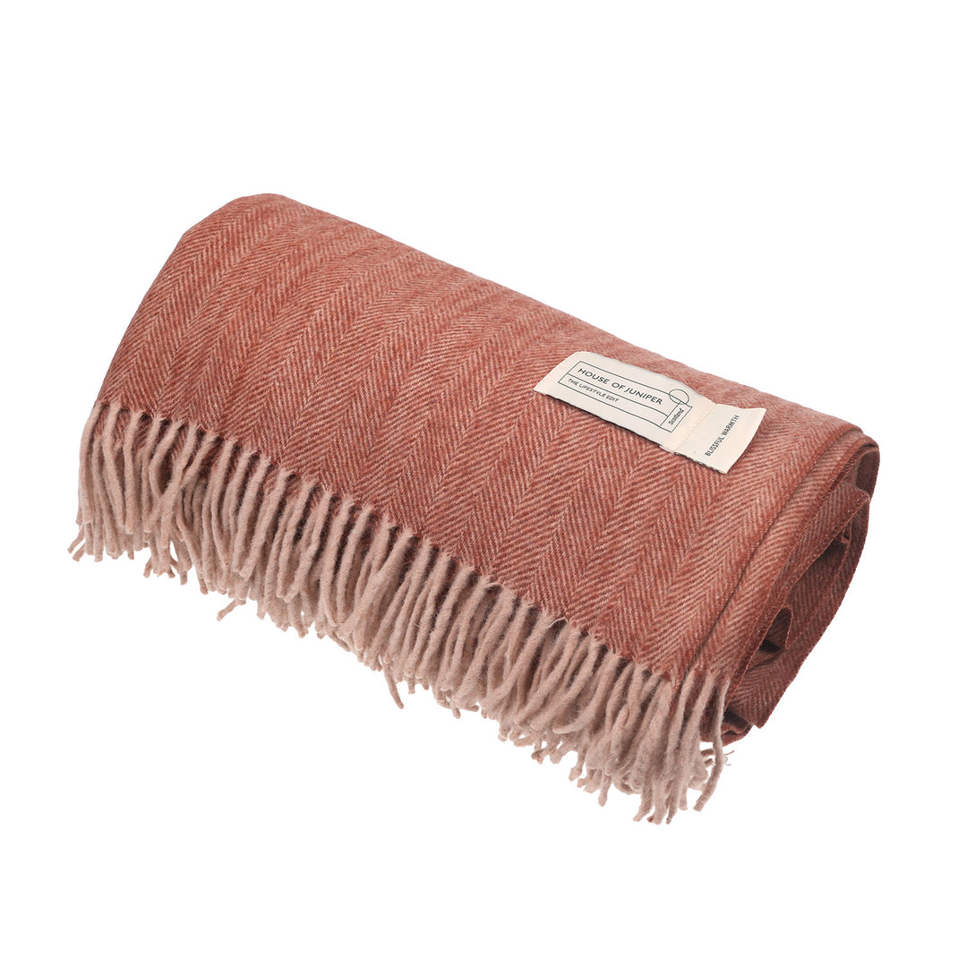 Recycled Wool Herringbone Blanket with Fringe - Soft Warm Throw - SPICE