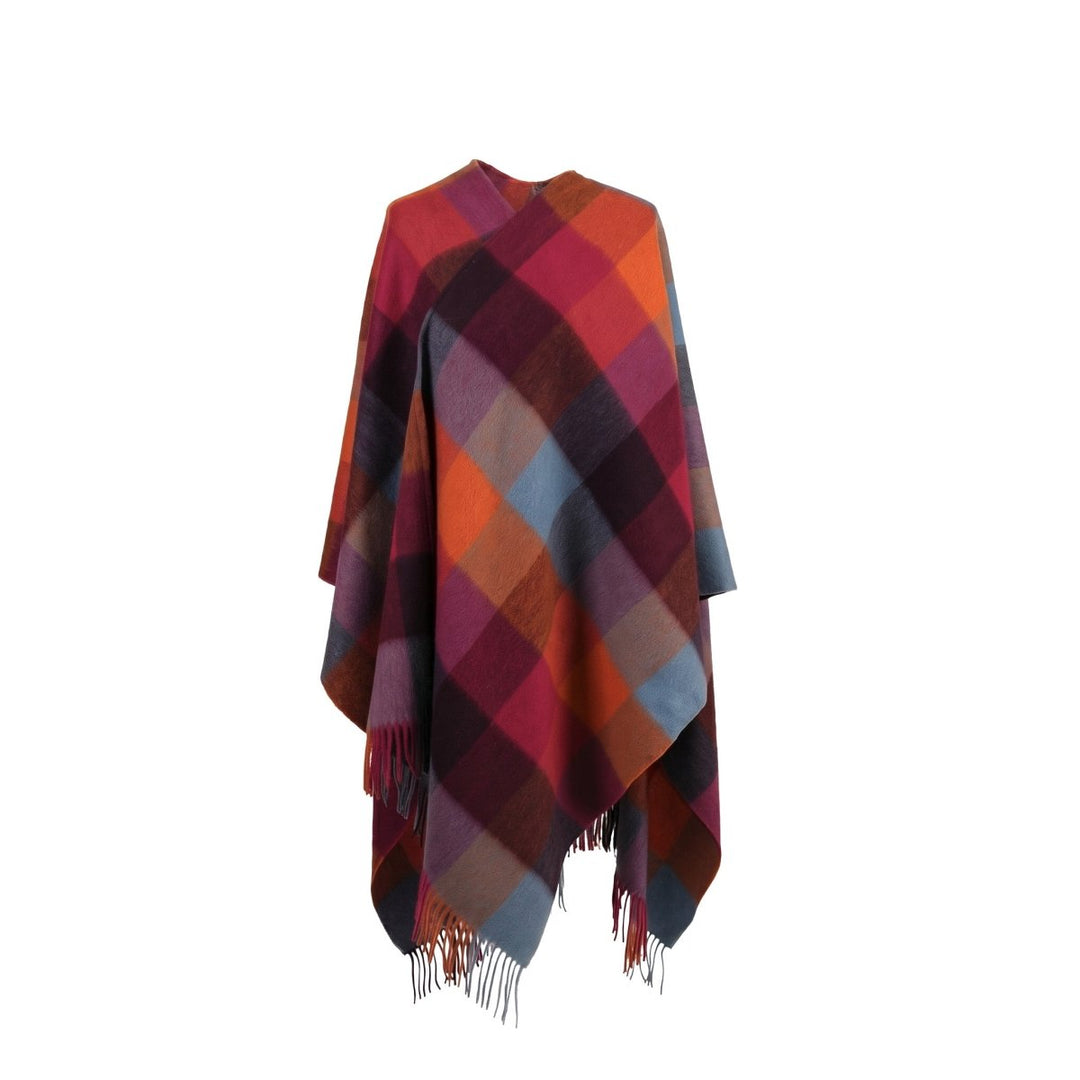Edinburgh Long Lambswool Tartan Cape – Premium Plaid Wrap - Checkers - Orange - Pink