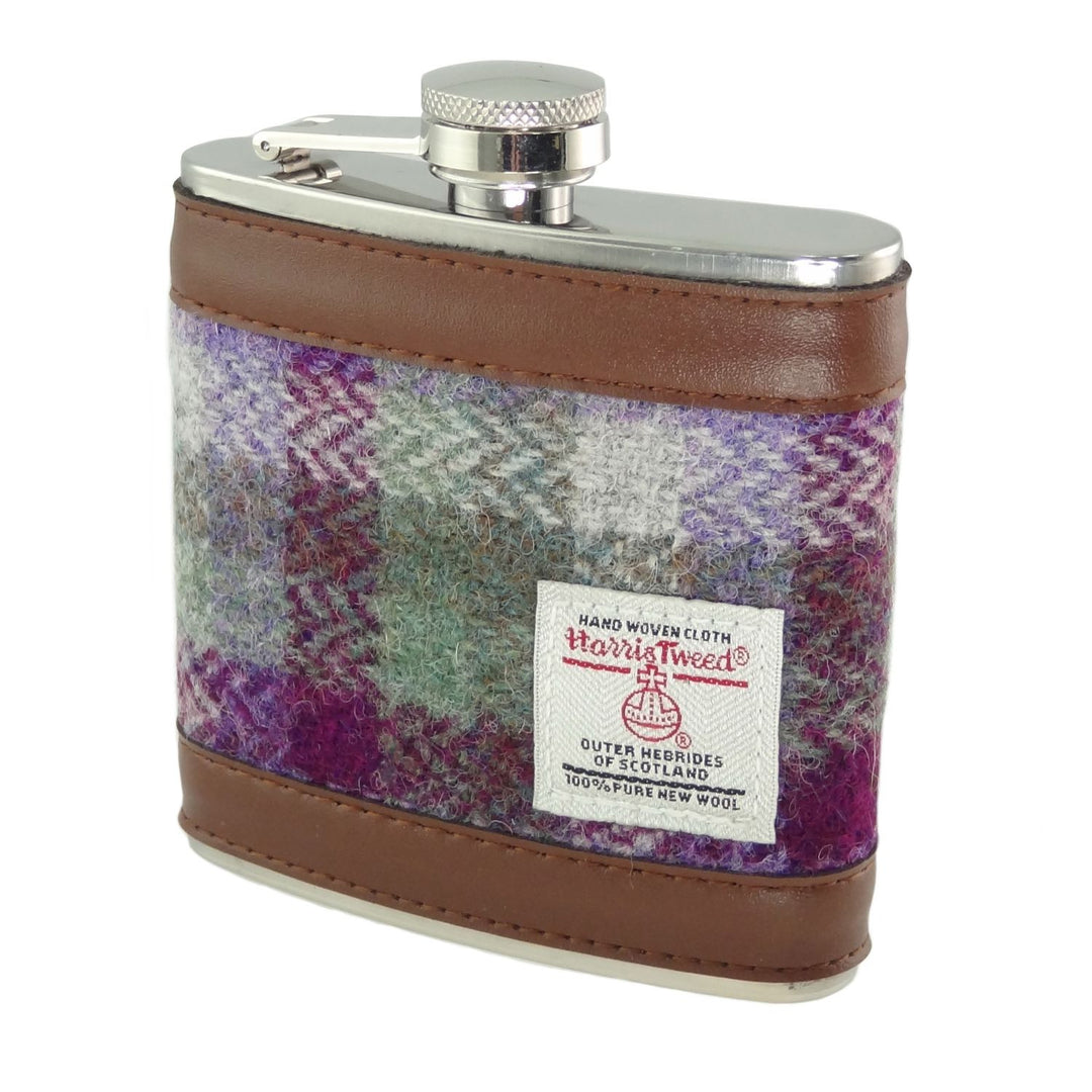 Harris Tweed 6oz Hip Flask - Classic Scottish Gift Idea - Green Small Check (COL133)