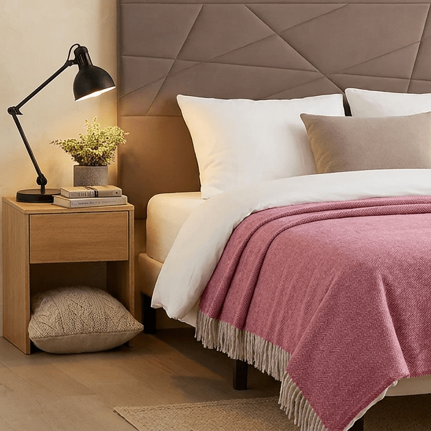 Recycled Wool Herringbone Blanket with Fringe - Soft Warm Throw - PINK