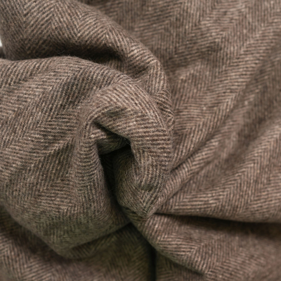 Highland Herringbone Wool Blend Throw Blanket with Tasselled Fringe - DEEP BROWN