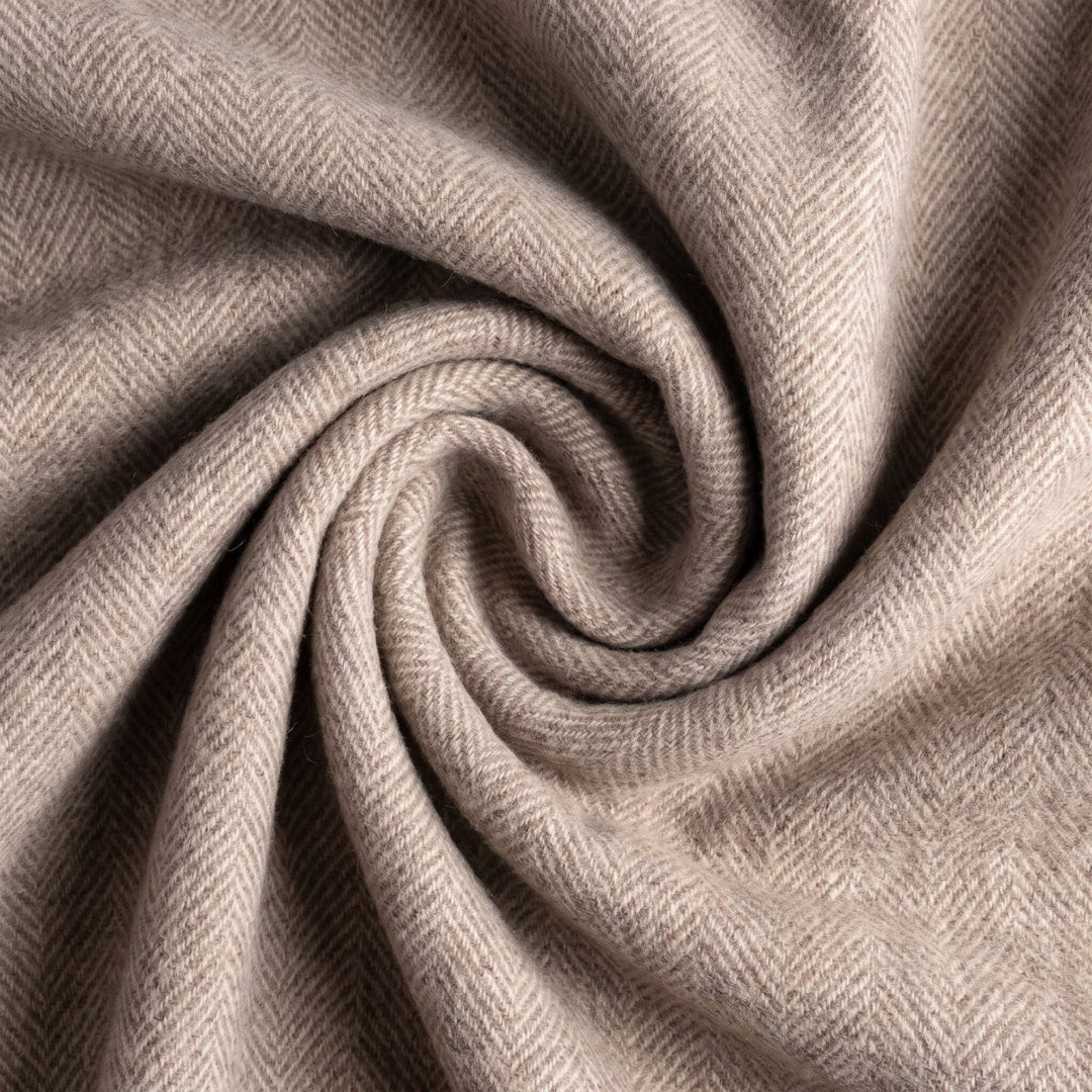Recycled Wool Herringbone Blanket with Fringe - Soft Warm Throw - TAUPE