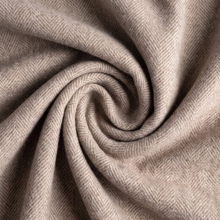 Recycled Wool Herringbone Blanket with Fringe - Soft Warm Throw - TAUPE