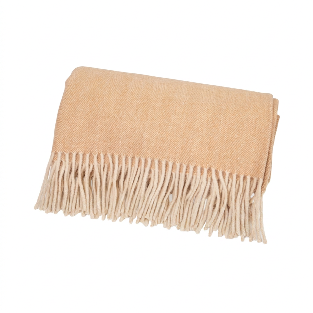 Highland Herringbone Wool Blend Throw Blanket with Tasselled Fringe - CINNAMON LATTE