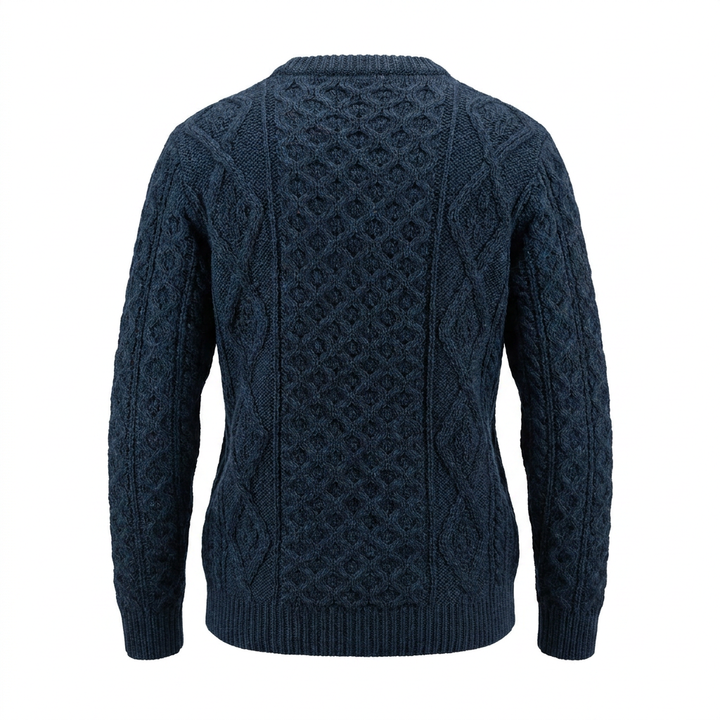 Unisex 100% Wool Aran Cable Knit Crew Neck Jumper – Made in Ireland | Black Watch