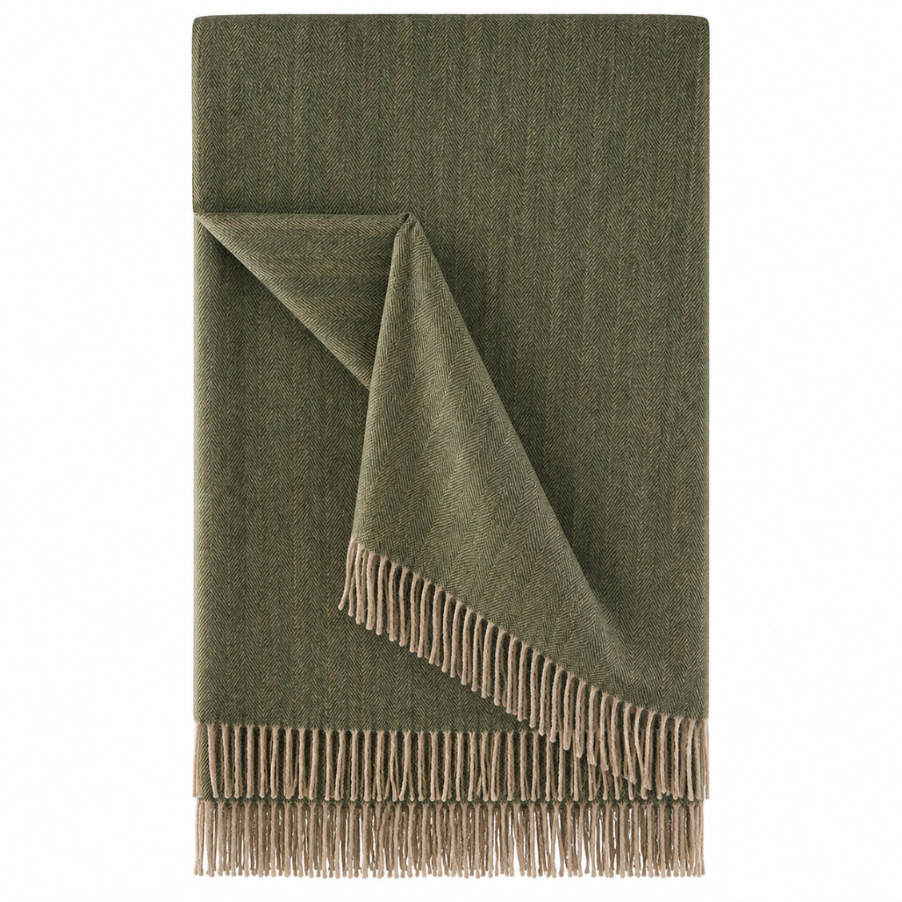 Recycled Wool Herringbone Blanket with Fringe - Soft Warm Throw - OLIVE