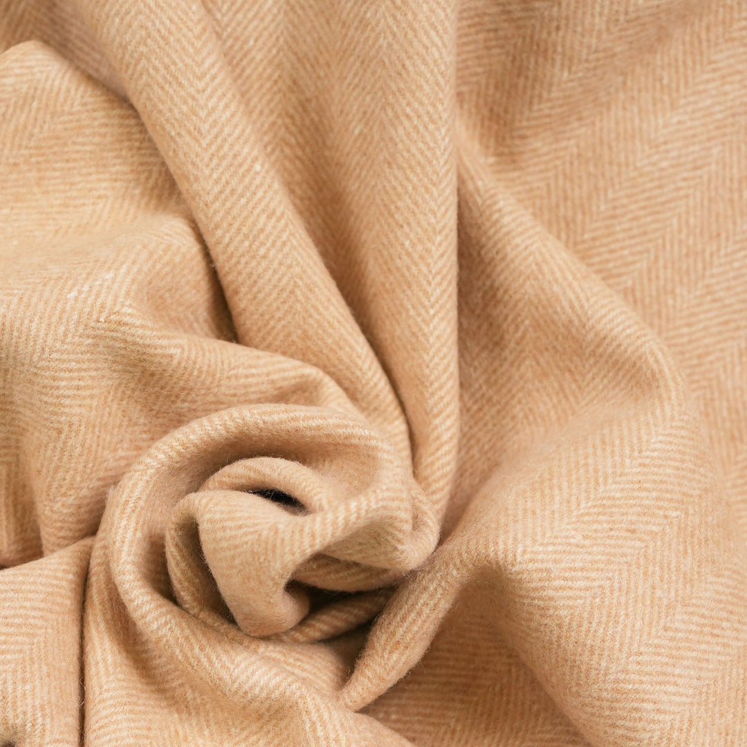 Highland Herringbone Wool Blend Throw Blanket with Tasselled Fringe - CINNAMON LATTE