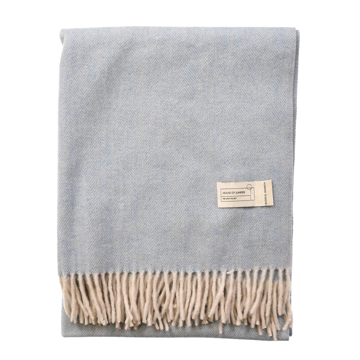 Recycled Wool Herringbone Knee Blanket – Pastel Fringed Throw - CORNFLOWER