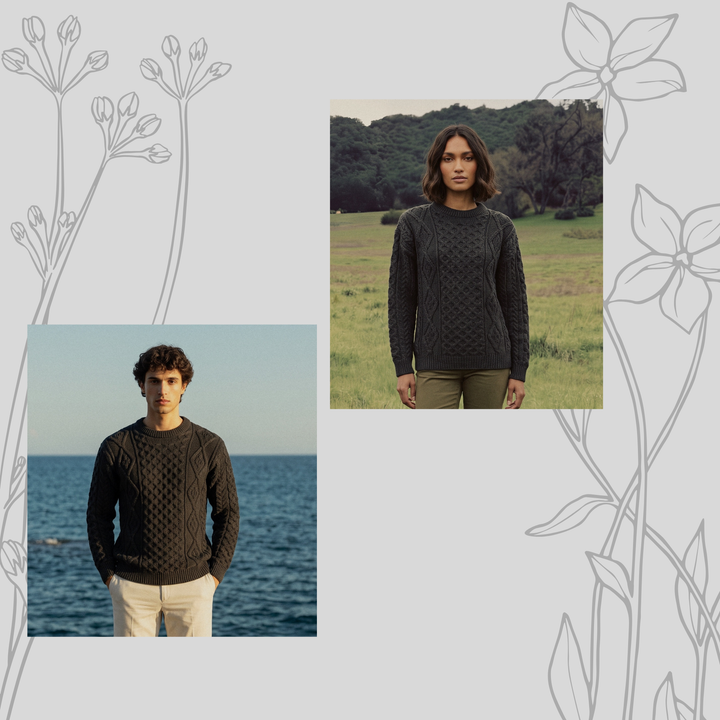 Unisex Grey 100% Wool Aran Cable Knit Crew Neck Jumper – Made in Ireland | Charcoal