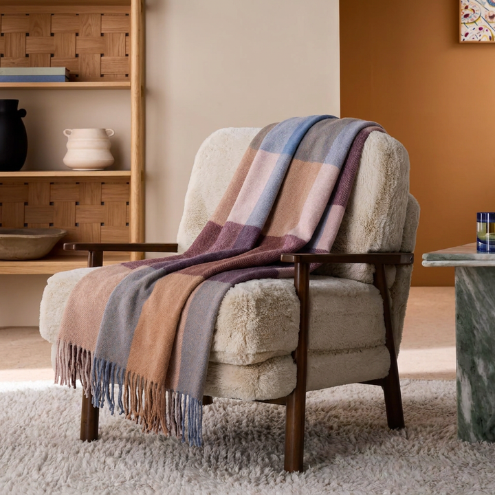 Highland Earth Tone Block Check Recycled Wool Blend Blanket - MULTI MAROON BLUE
