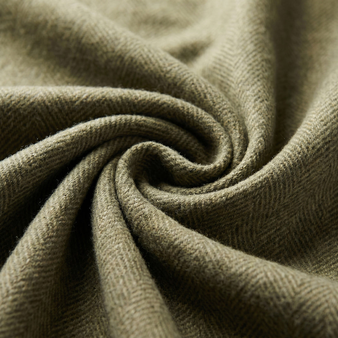 Recycled Wool Herringbone Blanket with Fringe - Soft Warm Throw - OLIVE