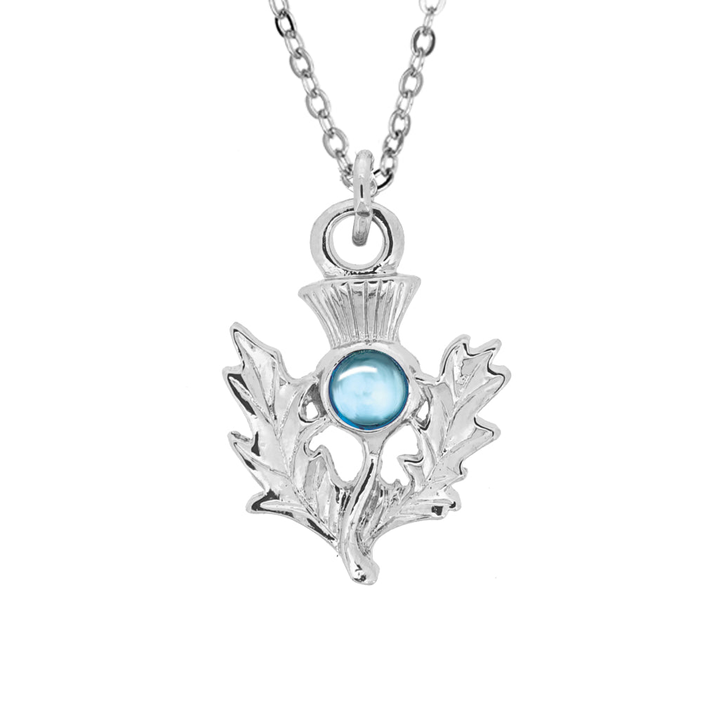Art Pewter Scottish Thistle Birthstone Pendant - Silver Plated Pewter - Made in Scotland - March (Aquamarine)