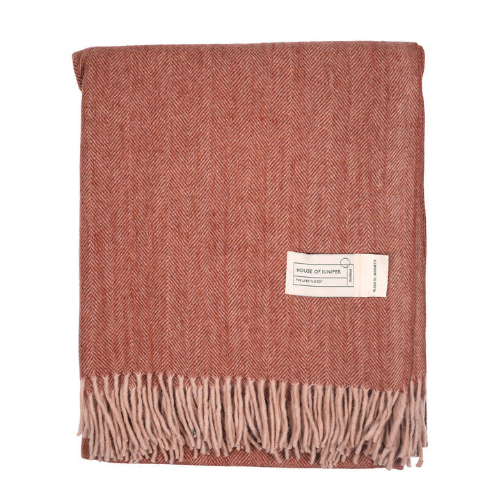 Recycled Wool Herringbone Blanket with Fringe - Soft Warm Throw - SPICE