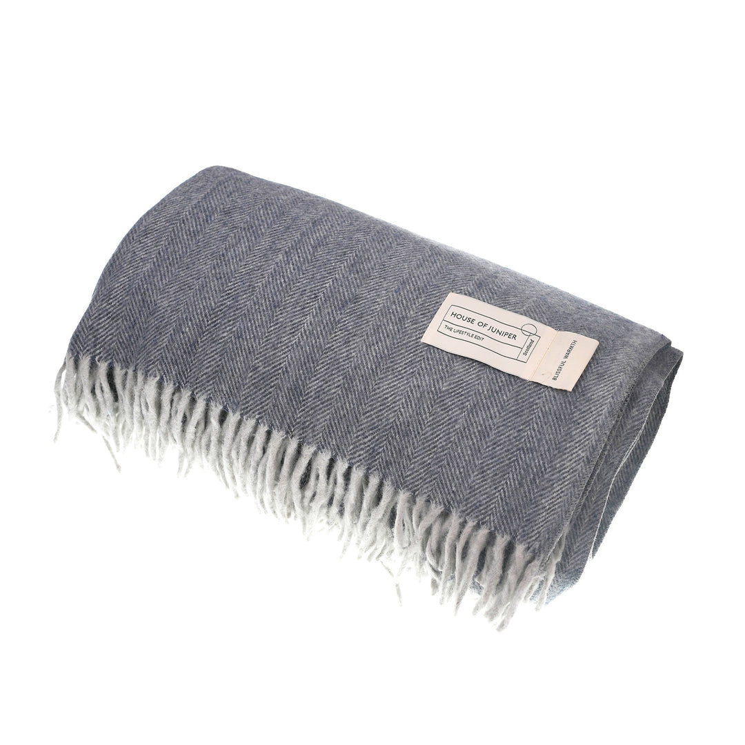 Recycled Wool Herringbone Blanket with Fringe - Soft Warm Throw - DENIM