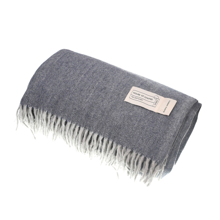 Recycled Wool Herringbone Blanket with Fringe - Soft Warm Throw - DENIM