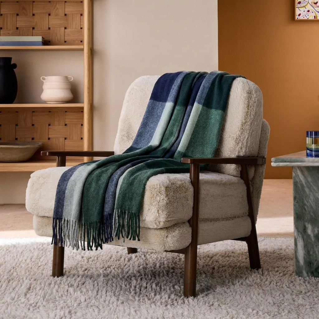 Highland Earth Tone Block Check Recycled Wool Blend Blanket - GREEN NAVY