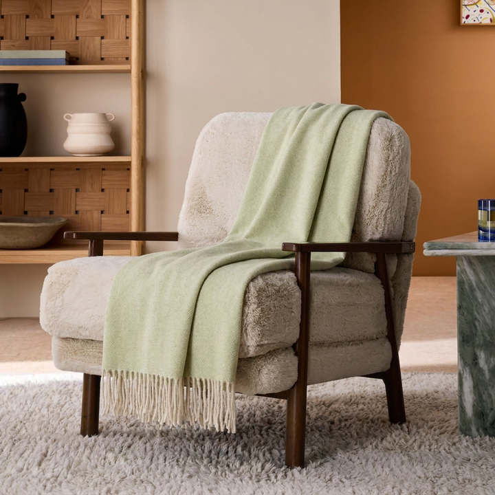 Highland Herringbone Wool Blend Throw Blanket with Tasselled Fringe - SAGE GREEN