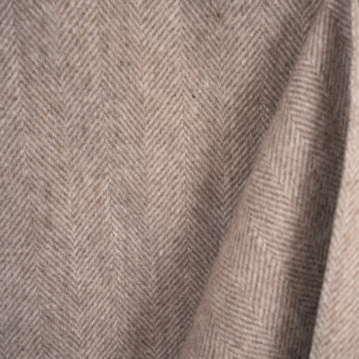 Recycled Wool Herringbone Blanket with Fringe - Soft Warm Throw - TAUPE