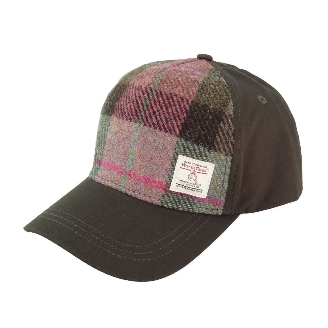Harris Tweed and Cotton Baseball Cap - Adjustable Fit - Green &amp; Rose Pink Tartan (COL137)