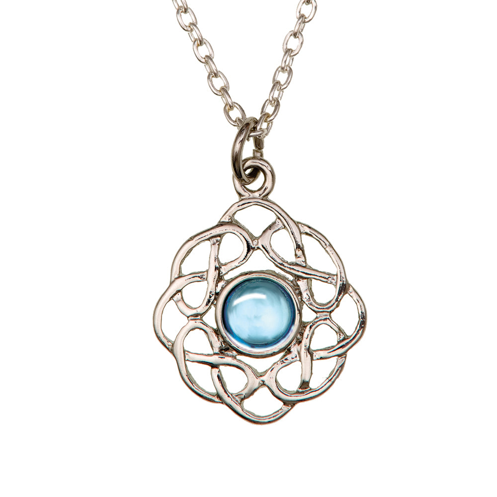 Art Pewter Celtic Birthstone Pendant – Silver-Plated Pewter - Made in Scotland - March (Aquamarine)