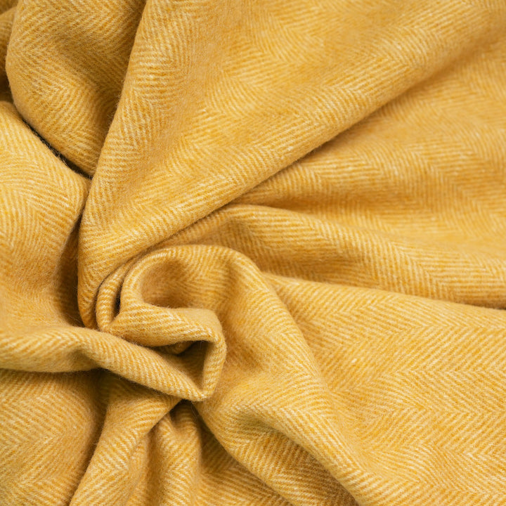 Highland Herringbone Wool Blend Throw Blanket with Tasselled Fringe - MUSTARD