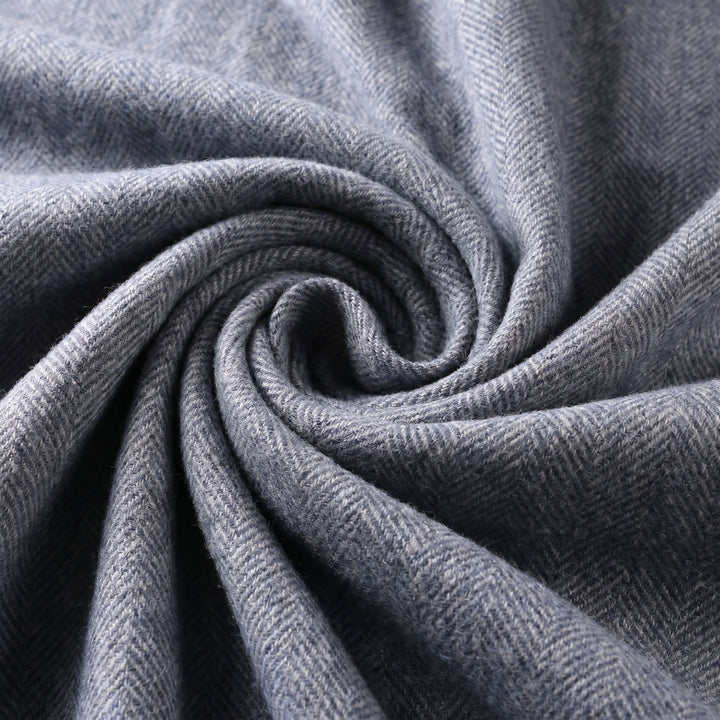 Recycled Wool Herringbone Blanket with Fringe - Soft Warm Throw - DENIM