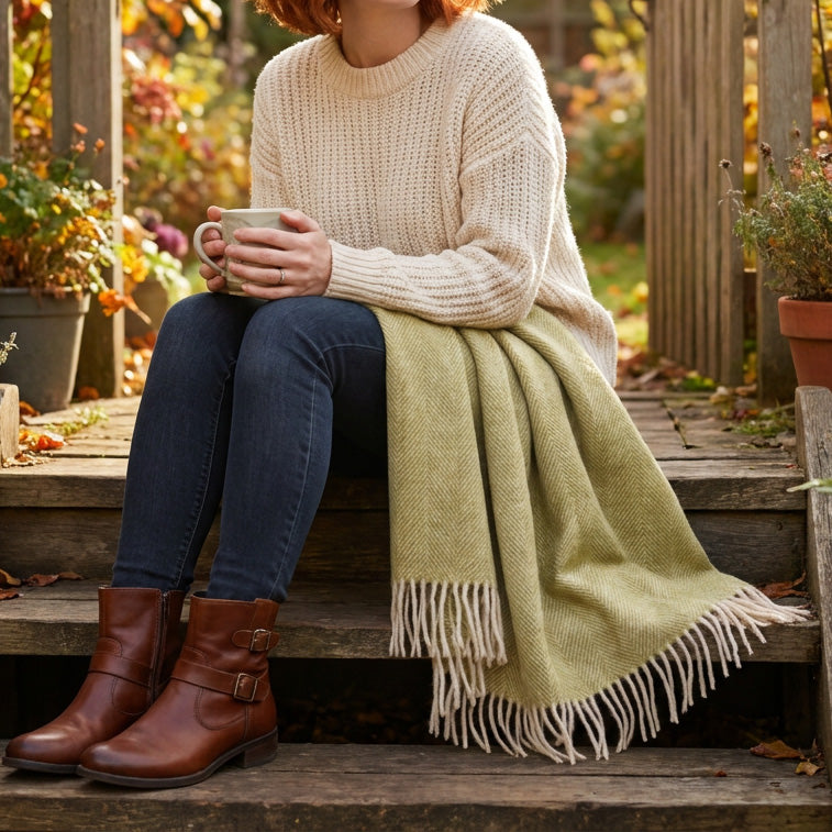 Recycled Wool Herringbone Knee Blanket – Pastel Fringed Throw - GREEN