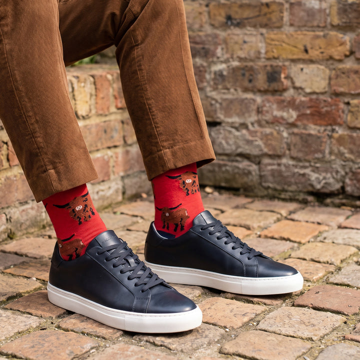 Men’s Luxury Bamboo Socks – Soft, Breathable &amp; Stylish Everyday Comfort - HIGHLAND COW 3 RED