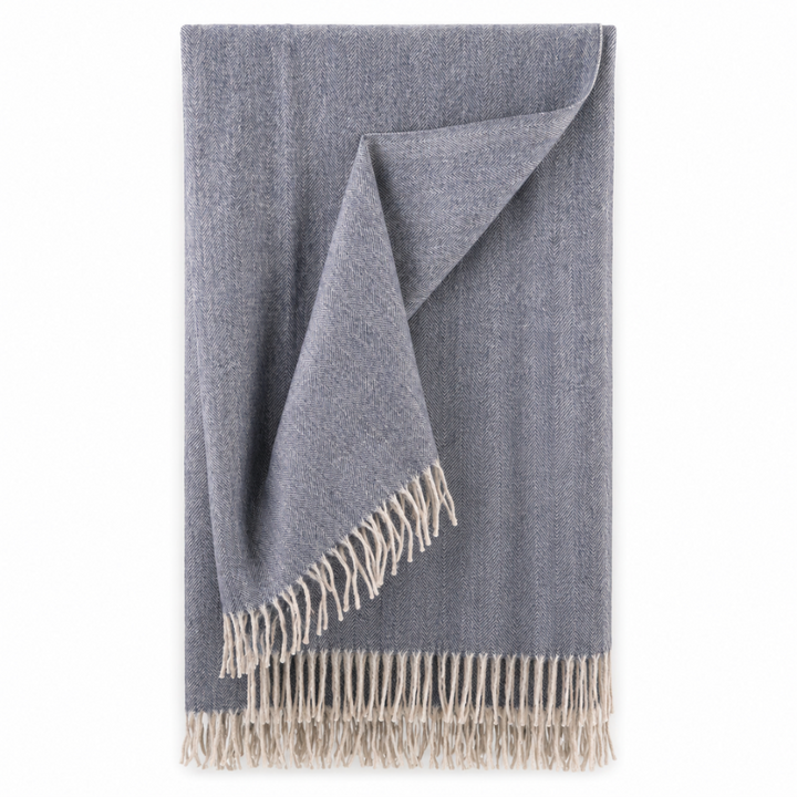 Recycled Wool Herringbone Blanket with Fringe - Soft Warm Throw - DENIM