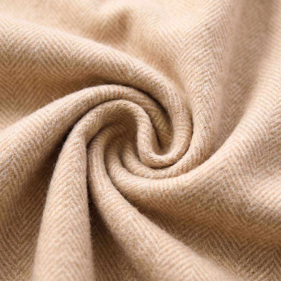 Recycled Wool Herringbone Knee Blanket – Pastel Fringed Throw - SAND BEIGE/NATURAL