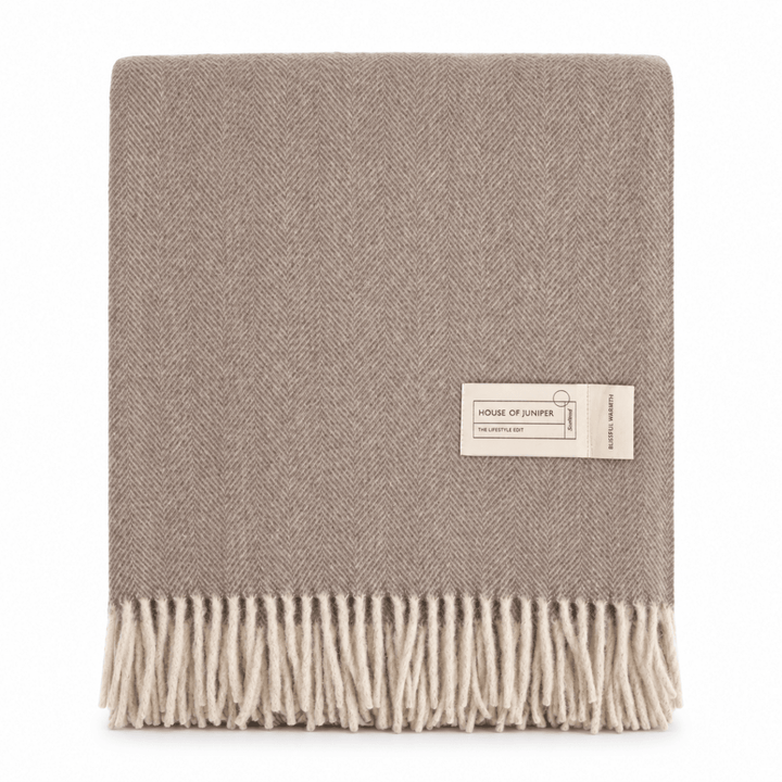 Recycled Wool Herringbone Blanket with Fringe - Soft Warm Throw - TAUPE