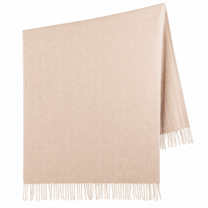 Recycled Wool Herringbone Knee Blanket – Pastel Fringed Throw - SAND BEIGE/NATURAL