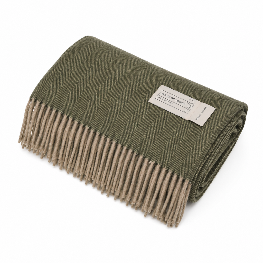 Recycled Wool Herringbone Blanket with Fringe - Soft Warm Throw - OLIVE