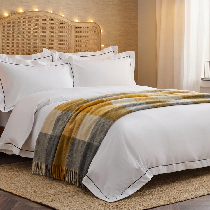 The Cosy Check – Recycled Wool Block-Check Herringbone Blanket - NATURAL OCHRE