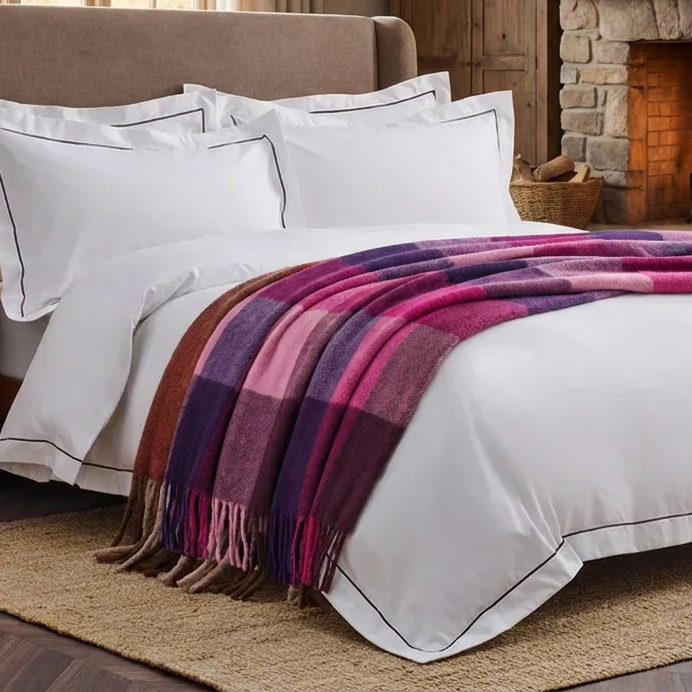 The Cosy Check – Recycled Wool Block-Check Herringbone Blanket - PURPLE MIX