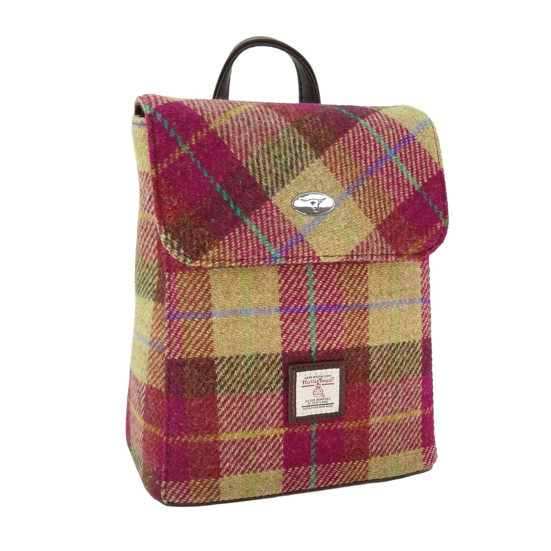 Harris Tweed Tummel Mini Backpack - Small Backpack with Phone Pocket - Burgundy &amp; Sand Tartan (COL159)