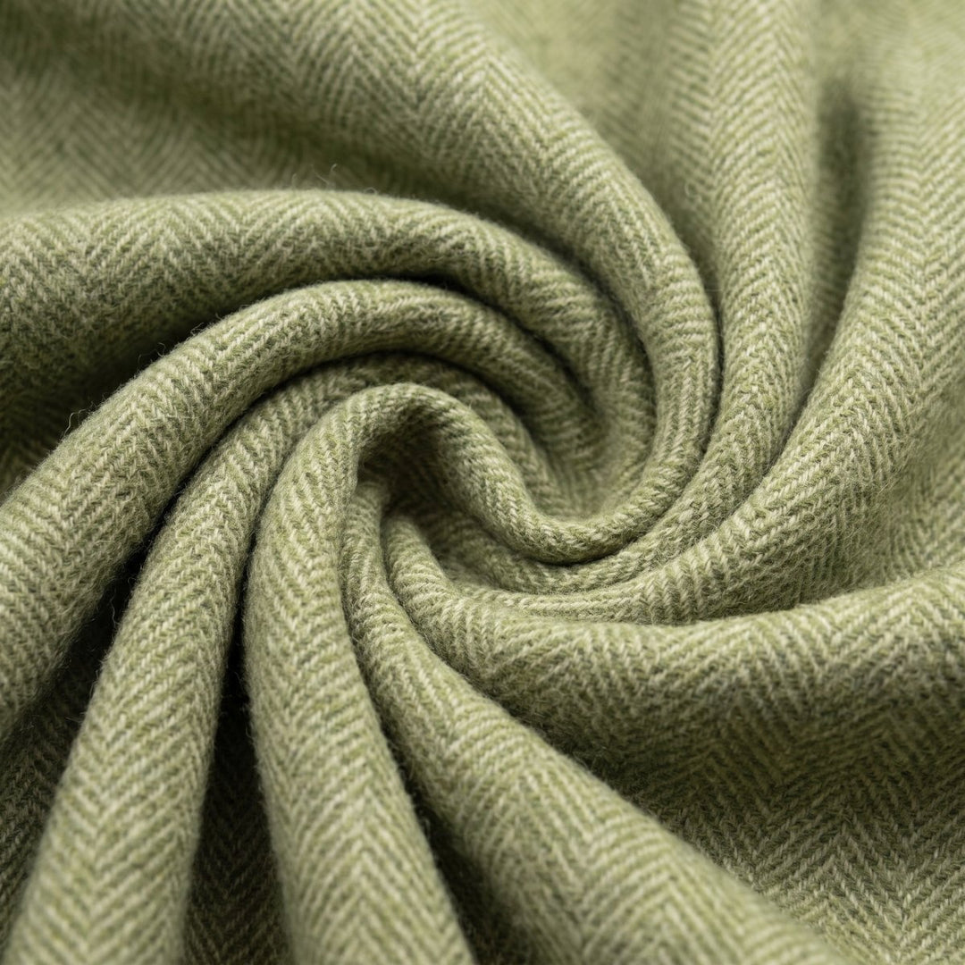 Recycled Wool Herringbone Blanket with Fringe - Soft Warm Throw - GREEN