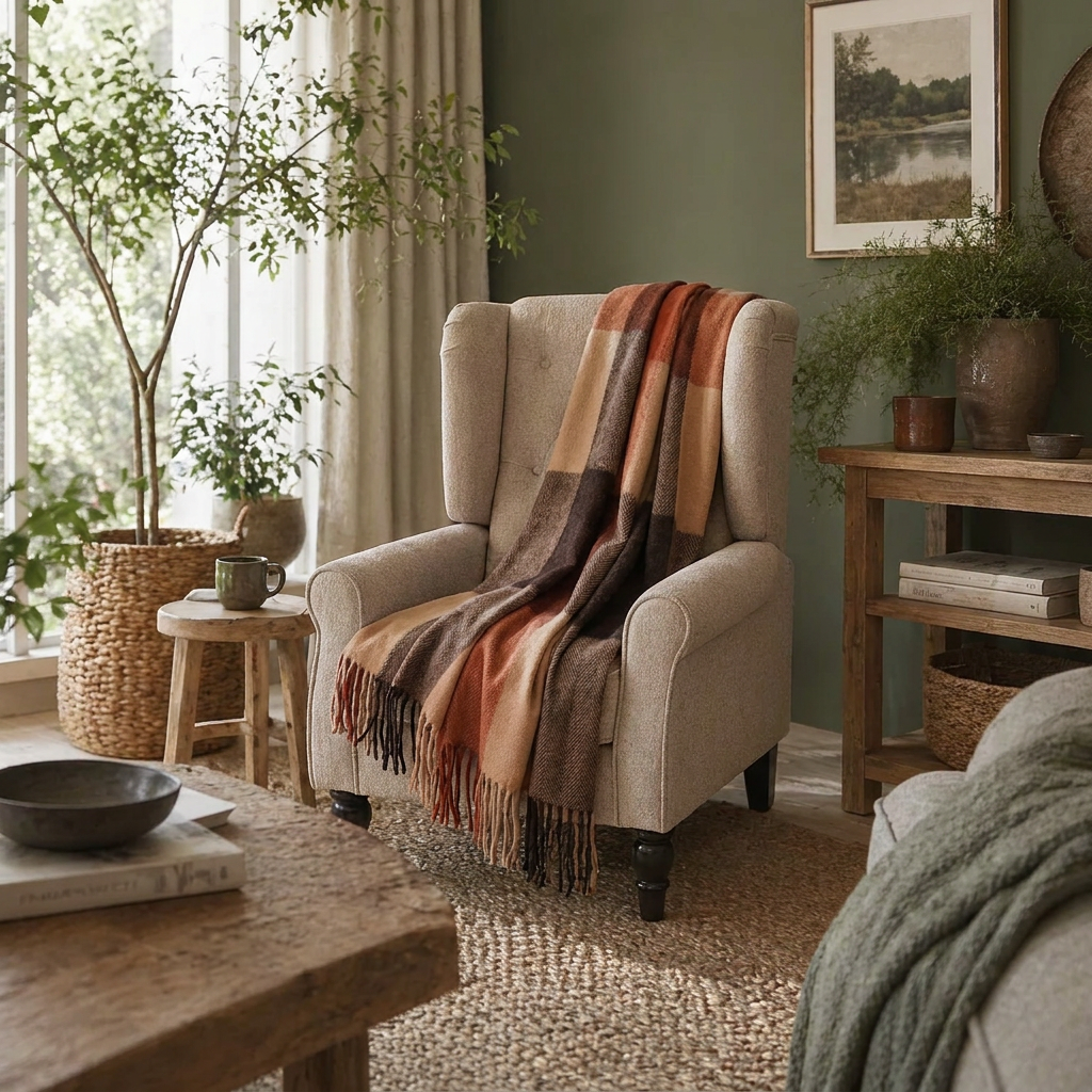 Highland Earth Tone Block Check Recycled Wool Blend Blanket - HOT SAUCE