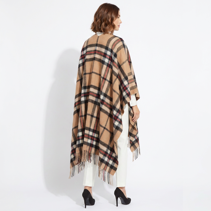 Edinburgh Long Lambswool Tartan Cape – Premium Plaid Wrap - Enlarged Off CTR Scotty Thomson Camel