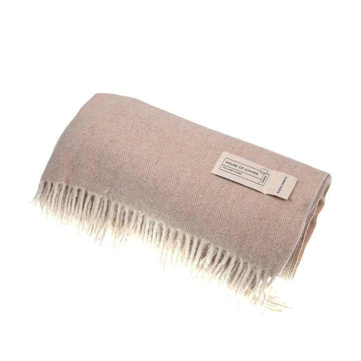 Recycled Wool Herringbone Blanket with Fringe - Soft Warm Throw - OATMEAL
